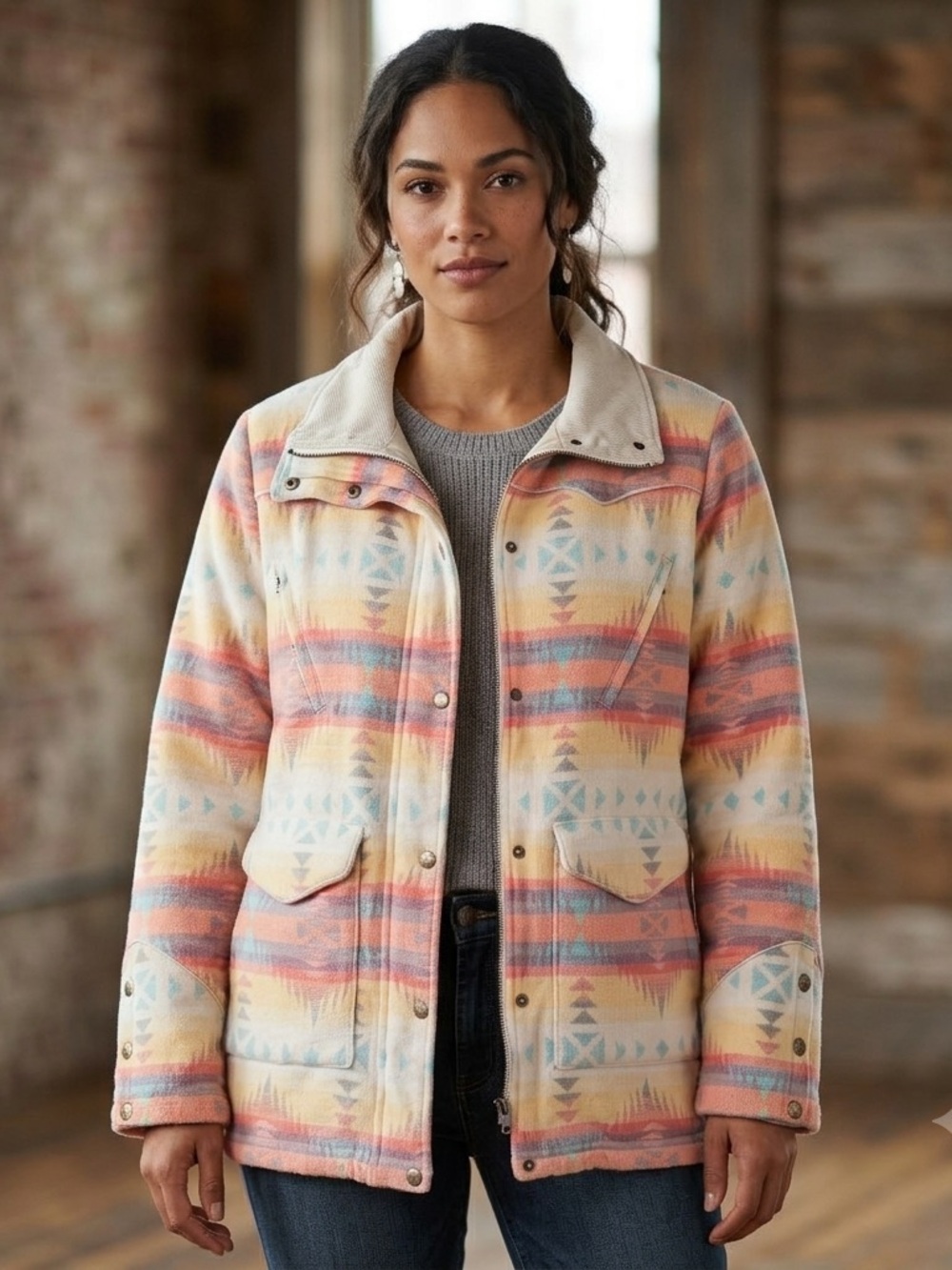 Faherty Bluegrass Blanket Golden Field Jacket Large Western Boho Aztec Coat